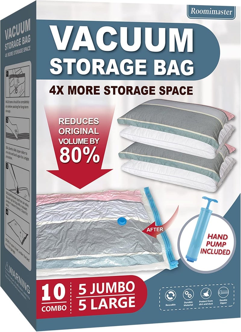 Roomimaster 10 Pack Vacuum Storage Bags with Pump, 5 Jumbo and 5 Large Space Saver Vacuum Storage Bags, Vacuum Seal Bags for Clothing, Comfoters, Pillows, Blanket, Bedding - Image 1
